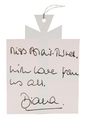 Lot 102 - H.R.H. Diana Princess of Wales, inscribed Christmas present gift tag ' Miss Blair Turner, with love from us all, Diana'. Provenance : Miss Frederika Blair Turner, the headmistress of Wetherby Sch...