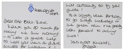 Lot 104 - H.R.H. Diana Princess of Wales, handwritten card on blue crowned Prince of Wales crested stationery dated February 6th 1989, thanking Miss Blair -Turner for seeing the Princess that morning and d...