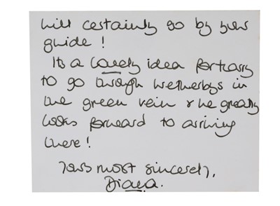 Lot 104 - H.R.H. Diana Princess of Wales, handwritten card on blue crowned Prince of Wales crested stationery dated February 6th 1989, thanking Miss Blair -Turner for seeing the Princess that morning and d...