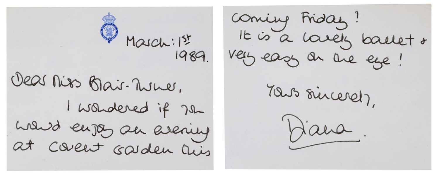 Lot 105 - H.R.H. Diana Princess of Wales, handwritten card on blue crowned Prince of Wales crested stationary dated March:1st 1989, asking Miss Blair-Turner ' I wondered if you would enjoy an evening at C...