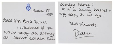 Lot 105 - H.R.H. Diana Princess of Wales, handwritten card on blue crowned Prince of Wales crested stationary dated March:1st 1989, asking Miss Blair-Turner ' I wondered if you would enjoy an evening at C...