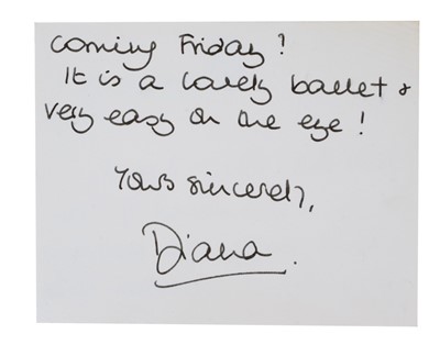 Lot 105 - H.R.H. Diana Princess of Wales, handwritten card on blue crowned Prince of Wales crested stationary dated March:1st 1989, asking Miss Blair-Turner ' I wondered if you would enjoy an evening at C...