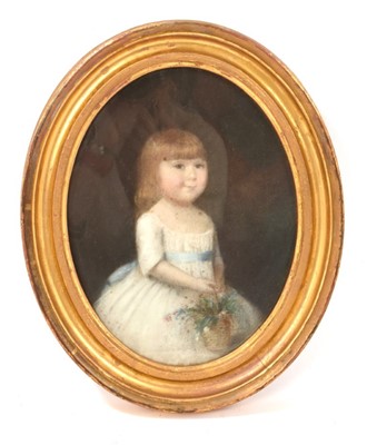 Lot 1146 - Late 18th century miniature pastel portrait of a young girl, named verso as 'Mary Anne Leigh, aged three years old, afterwards married to Edmund Grundy Esq. of Tbe Wylde, Bury, Died 19th May 184...