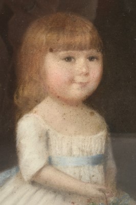 Lot 1146 - Late 18th century miniature pastel portrait of a young girl, named verso as 'Mary Anne Leigh, aged three years old, afterwards married to Edmund Grundy Esq. of Tbe Wylde, Bury, Died 19th May 184...