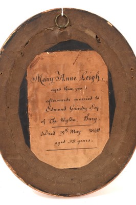 Lot 1146 - Late 18th century miniature pastel portrait of a young girl, named verso as 'Mary Anne Leigh, aged three years old, afterwards married to Edmund Grundy Esq. of Tbe Wylde, Bury, Died 19th May 184...