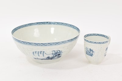 Lot 342 - Worcester relief-moulded bowl, circa 1760, painted with the Fisherman and Willow Pavilion pattern, 16.5cm diameter, and a coffee cup in the same pattern (2)