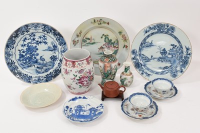 Lot 347 - Group of mostly 18th and 19th century Chinese ceramics, including a miniature Yixing teapot, three export plates, two pairs of tea bowls and saucers, a celadon dish, famille rose tankard, etc