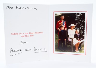 Lot 109 - T.R.H. The Prince and Princess of Wales, signed 1989 Christmas card with twin gilt Royal ciphers to cover, colour photograph of the Royal couple with their two sons to the interior, inscribed ' M...