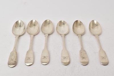 Lot 530 - Set of six Victorian silver fiddle pattern teaspoons, each engraved with the letter R, (London 1846), maker William Robert Smily, 4.5ozs, each 14.4cm overall length.