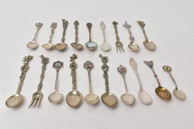 Lot 531 - Collection of nineteen Continental silver and white metal souvenir teaspoons and forks, 7.5ozs (19).