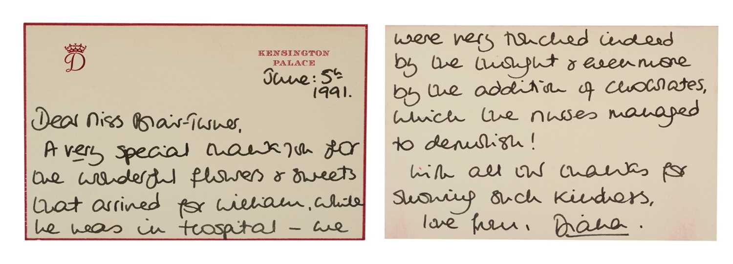 Lot 113 - H.R.H. Diana Princess of Wales, handwritten letter dated June: 5th 1991. Written on Kensington Palace headed stationary with crowned D cypher. The Princess thanks Miss Blair-Turner ' for the wond...