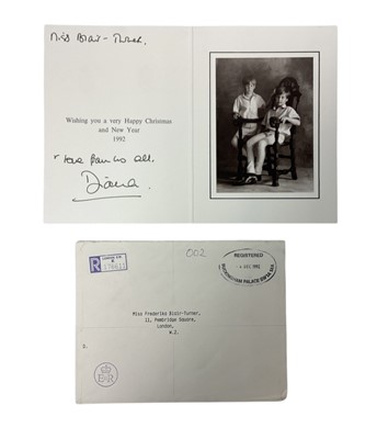 Lot 115 - H.R.H. Diana Princess of Wales, signed 1992 Christmas card with twin gilt Royal cyphers to cover, black and white photograph to the interior of the soleful young Princes, inscribed'Miss Blair-Tur...