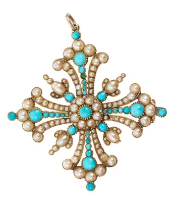 Lot 645 - Regency gold turquoise and seed pearl cross pendant/brooch, with turquoise cabochons and seed pearls in gold setting with compartment to the reverse, 48mm x 45mm