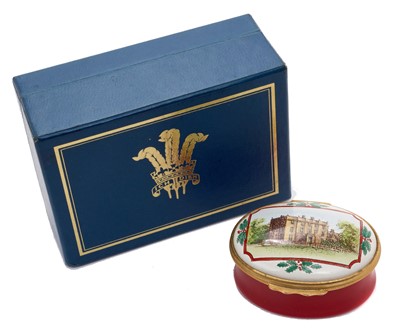 Lot 117 - T.R.H. The Prince and Princess of Wales presentation Halcyon Days enamel box decorated with scene of Highgrove and printed inside lid ' Happy Christmas 1987 from Charles and Diana' in fitted box...