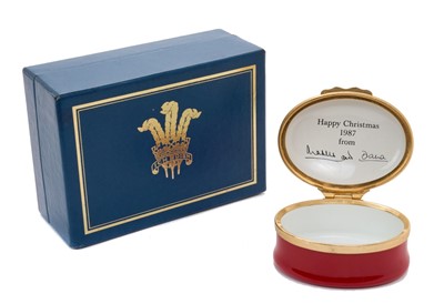Lot 117 - T.R.H. The Prince and Princess of Wales presentation Halcyon Days enamel box decorated with scene of Highgrove and printed inside lid ' Happy Christmas 1987 from Charles and Diana' in fitted box...