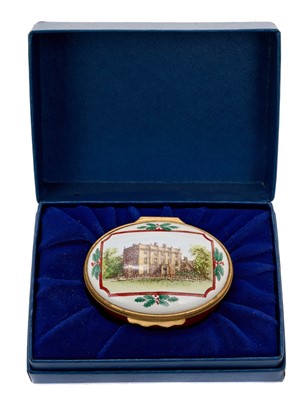 Lot 117 - T.R.H. The Prince and Princess of Wales presentation Halcyon Days enamel box decorated with scene of Highgrove and printed inside lid ' Happy Christmas 1987 from Charles and Diana' in fitted box...