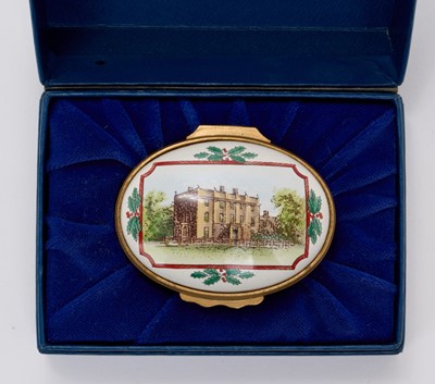 Lot 117 - T.R.H. The Prince and Princess of Wales presentation Halcyon Days enamel box decorated with scene of Highgrove and printed inside lid ' Happy Christmas 1987 from Charles and Diana' in fitted box...