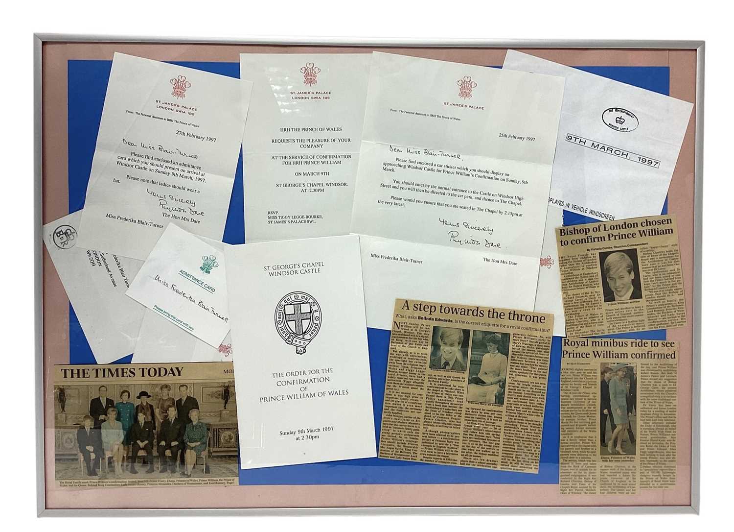 Lot 118 - The Confirmation of Prince William of Wales, St.Georges Chapel, Sunday 9th March 1997, rare set of ephemera including invitation for Miss Frederika Blair Turner,( one of only 40 non-Royal guests...