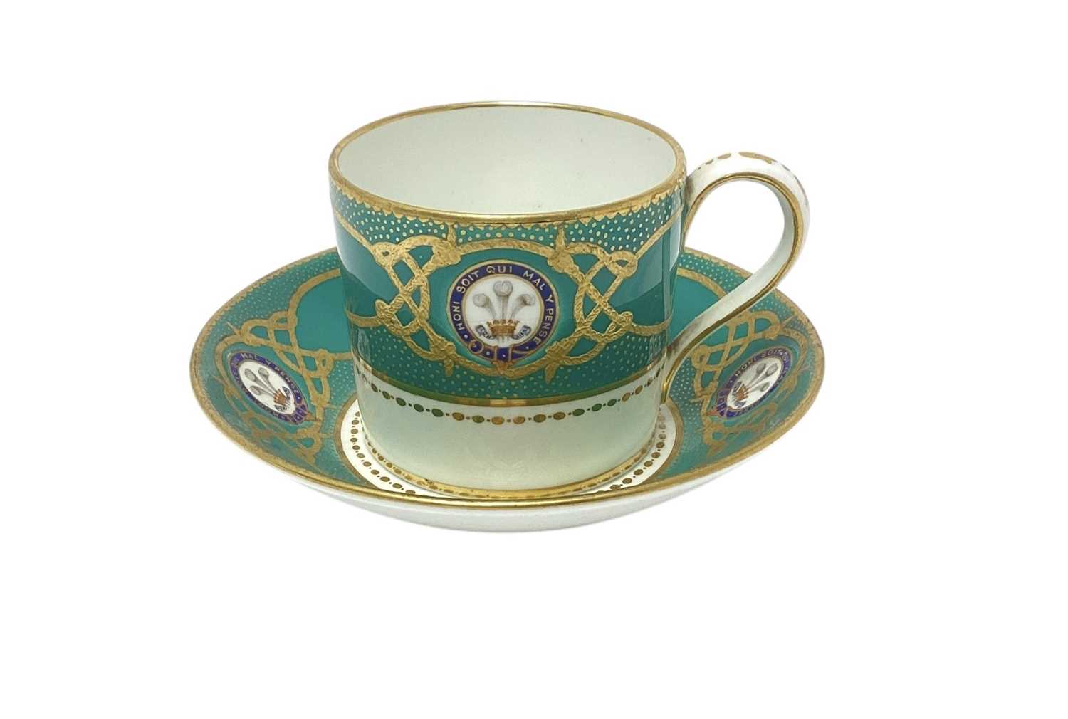 Lot 142 - H.R.H. Edward Prince of Wales, scarce Mintons China coffee cup and saucer made for the Royal Yacht Osborne with painted crowned P.O.W.cyphers within garters and fouled anchor badges with garters...