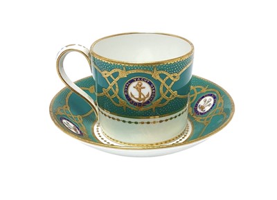 Lot 142 - H.R.H. Edward Prince of Wales, scarce Mintons China coffee cup and saucer made for the Royal Yacht Osborne with painted crowned P.O.W.cyphers within garters and fouled anchor badges with garters...