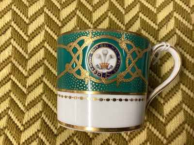 Lot 142 - H.R.H. Edward Prince of Wales, scarce Mintons China coffee cup and saucer made for the Royal Yacht Osborne with painted crowned P.O.W.cyphers within garters and fouled anchor badges with garters...