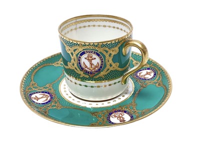 Lot 143 - H.M. King Edward VII, scarce Spode Copeland China coffee can and saucer made for the Royal Yacht Victoria & Albert with painted crowned crowned ERVII cyphers within garters and fouled anchor...