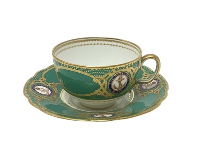 Lot 144 - H.M. King George V, scarce Copeland China tea cup and saucer made for the Royal Yacht Victoria & Albert with painted crowned crowned GRV cyphers within garters and fouled anchor badges with...