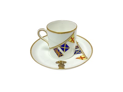 Lot 145 - H.M. King Edward VII, scarce Royal Worcester coffee can and saucer made for the Royal Racing Yacht 'Britannia' with painted crowned ERVII cyphers and and enamelled naval signal flag decoration. R...