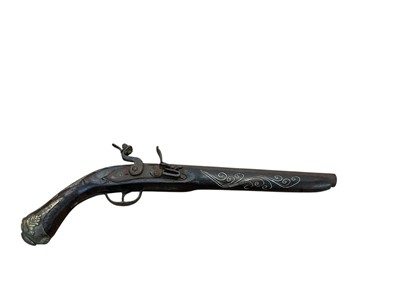 Lot 1064 - Ottoman flintlock pistol with white metal inlay.