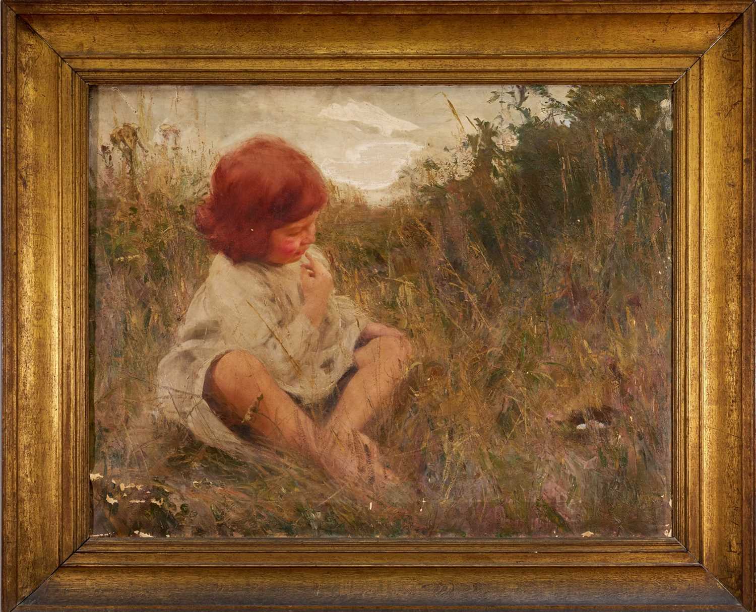 Lot 1451 - Charles Sims (1873-1928) oil on canvas - portrait of a seated child, ‘Alan’, the son of the artist, 72cm x 92cm, in original gilt frame