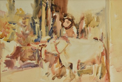 Lot 1452 - Charles Sims (1873-1928) watercolour sketch - Livestock, 31cm x 46cm, in glazed frame