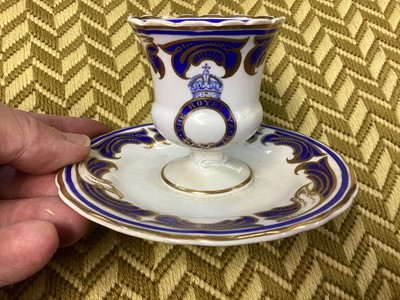 Lot 147 - Scarce King Edward VII, Spode Copeland China egg cup made for the Royal Yacht Victoria & Albert with crowned garter inscribed 'Royal Yacht' , blue and gilt scroll decoration with integral sa...