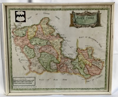 Lot 243 - Robert Morden 18th century hand coloured engraved map of 'Barkshire', printed for Abel Swall and Awnsham & John Churchill, 37.5cm x 44cm, in glazed frame