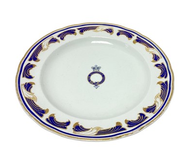 Lot 149 - H.M. Queen Victoria, scarce W.T. Copeland China dinner plate made for the Royal Yacht Victoria & Albert with crowned garter inscribed 'Her Majesty's Yacht' , blue and gilt scroll decoration wi...