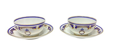 Lot 153 - H.M. King Edward VII, scarce pair Copeland China breakfast cups and saucers made for the Royal Yacht Victoria & Albert II with crowned garter inscribed 'The Royal Yacht', blue and gilt scrol...