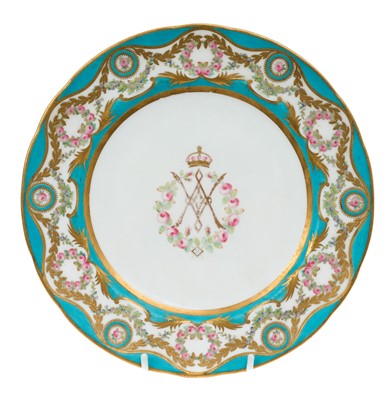 Lot 155 - H.M. Queen Victoria and H.R.H. Prince Albert The Prince Consort, fine Mintons Royal dinner plate with central crowned VA cypher within polychrome painted floral swags and wreaths on blue and gilt...