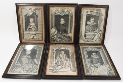 Lot 1150 - Set of 18th century engravings after George Vertue, depicting Kings and Queens of England, each in antique glazed Hogarth type frame, total size 35 x 25cm. (18)</span...