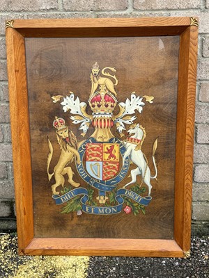 Lot 127 - 1930s oak panel polychrome painted with the Royal Coat of Arms, glazed 62cm x 83.5cm