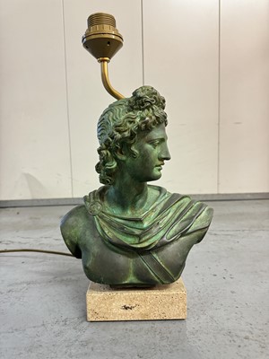 Lot 1187 - Bronzed patinated table lamp base, modelled in the form of Apollo