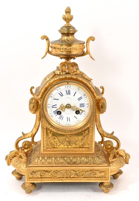 Lot 866 - Late 19th century French Louis XVI-style ormolu cased mantel clock, with circular enamel dial with roman and arabic numerals, 39cm high