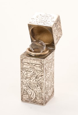 Lot 562 - Victorian silver Royal Jubilee of Queen Victorian scent bottle, by Alfred Hall & John Goode, London, 1887, rectangular form with engraved scroll decoration, engraved with the Royal Coat of A...