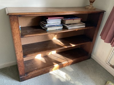 Lot 1695 - Victorian walnut dwarf open bookcase, on plinth base, 144cm wide x 35cm deep x 98cm high