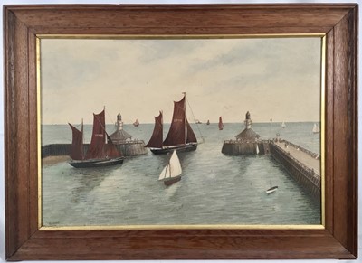 Lot 216 - E. C. Kent, oil on board, pier head scene of boats in Lowestoft harbour