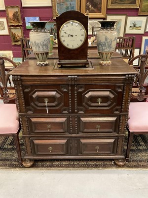 Lot 1700 - 17th century oak geometric chest, with three drawers on bun feet, 103cm wide x 53 cm deep x 106cm high