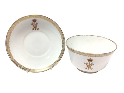 Lot 165 - H.M. Queen Victoria, Royal sugar bowl with polychrome painted crowned VRI cypher and gilt scroll border, printed crowned Nixon & Son Windsor retailers mark with 'Windsor Castle' to centre 12.5...