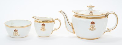 Lot 166 - T.M. King Edward VII and King George V, scarce Royal Crown Derby batchelor's tea set made for the Royal Household comprising teapot with crowned ERVII cypher and lid with crowned GRV cypher, milk...