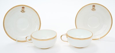 Lot 167 - T.M. King Edward VII and King George V, scarce pair Royal Crown Derby tea cups and saucers comprising two saucers with crowned ERVII cyphers and two cups with crowned GRV cyphers, printed marks (...