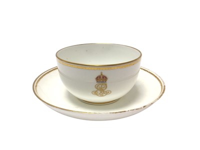 Lot 168 - H.M. King Edward VII, scarce Royal Crown Derby breakfast cup and saucer with crowned ERVII cyphers and gilt borders, printed marks