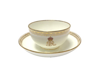 Lot 169 - H.M. King George V, scarce Royal tea cup and saucer made for the Buckingham Palace service with crowned GRV cyphers and gilt borders, printed 'Buckingham Palace' crowned Goode & Co. retailers...