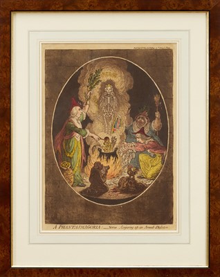 Lot 1230 - James Gillray (1756-1815) hand coloured etching - A Phantasmagoria, published Jan 5th 1803 by J. Gillray, BM 9962, ex Draper Hill Collection, 36cm x 26cm, in glazed frame